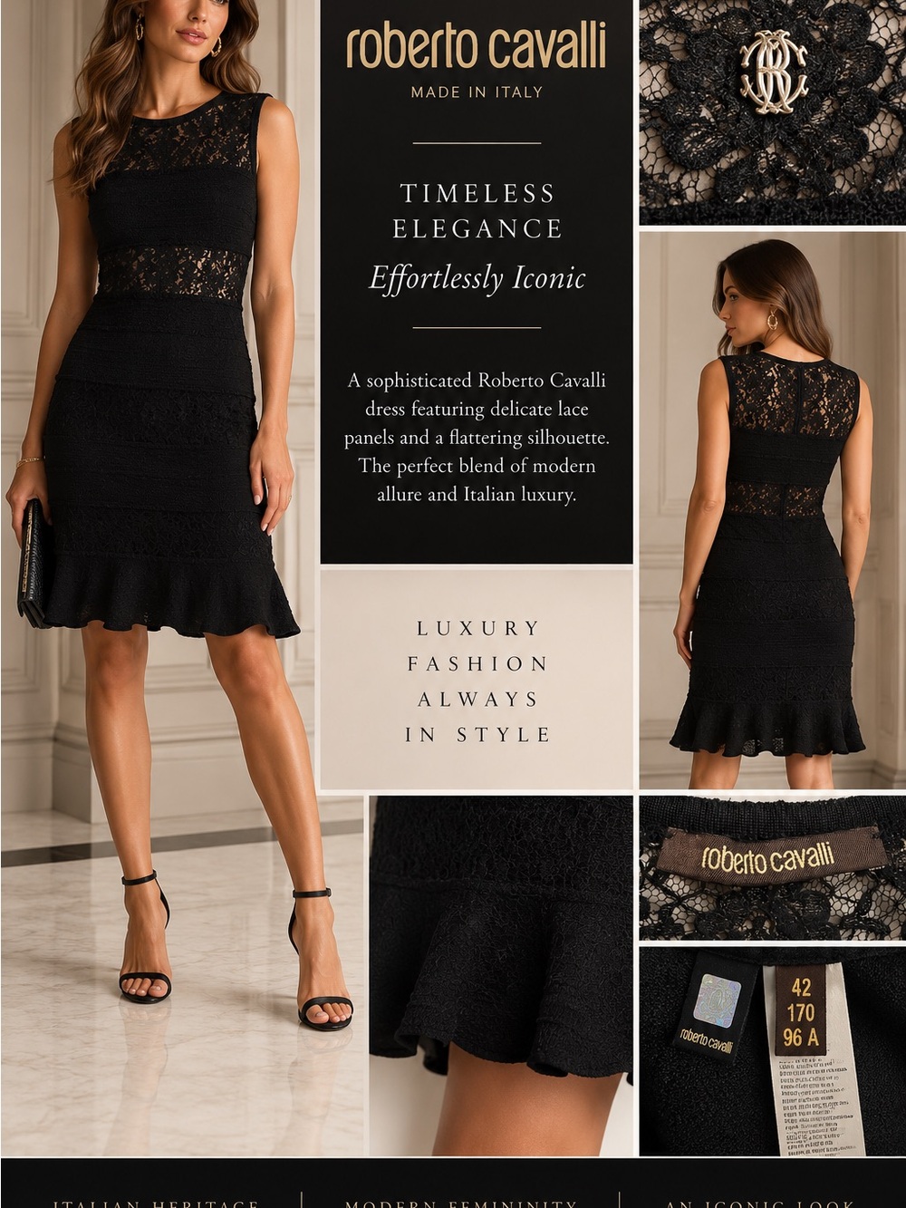 Roberto Cavalli Black Lace Cocktail Dress • Made in Italy • Size 42